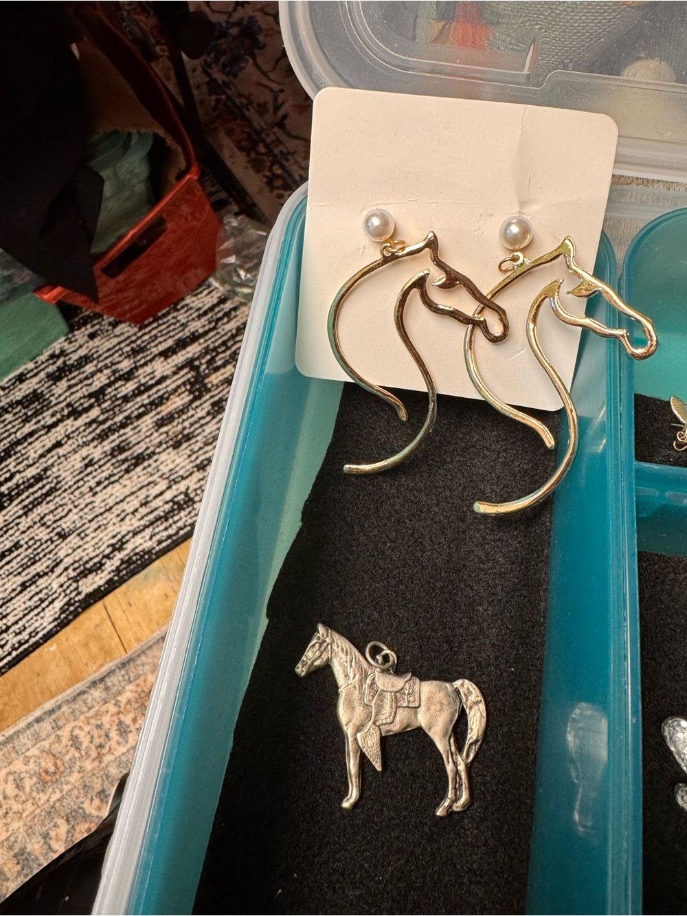 Gold Horse Head Hoop Earrings with Pearl Stud